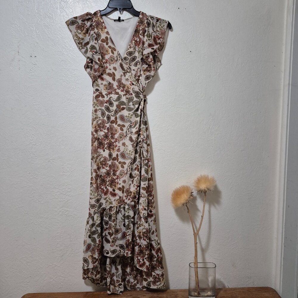 Anthro Chiffon Paisley Floral Wrap Ruffle Maxi Dress Sz S Romantic Boho 70s 90s